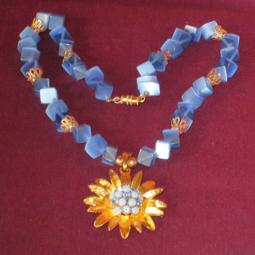 vintage blue lucite gold flower floral necklace